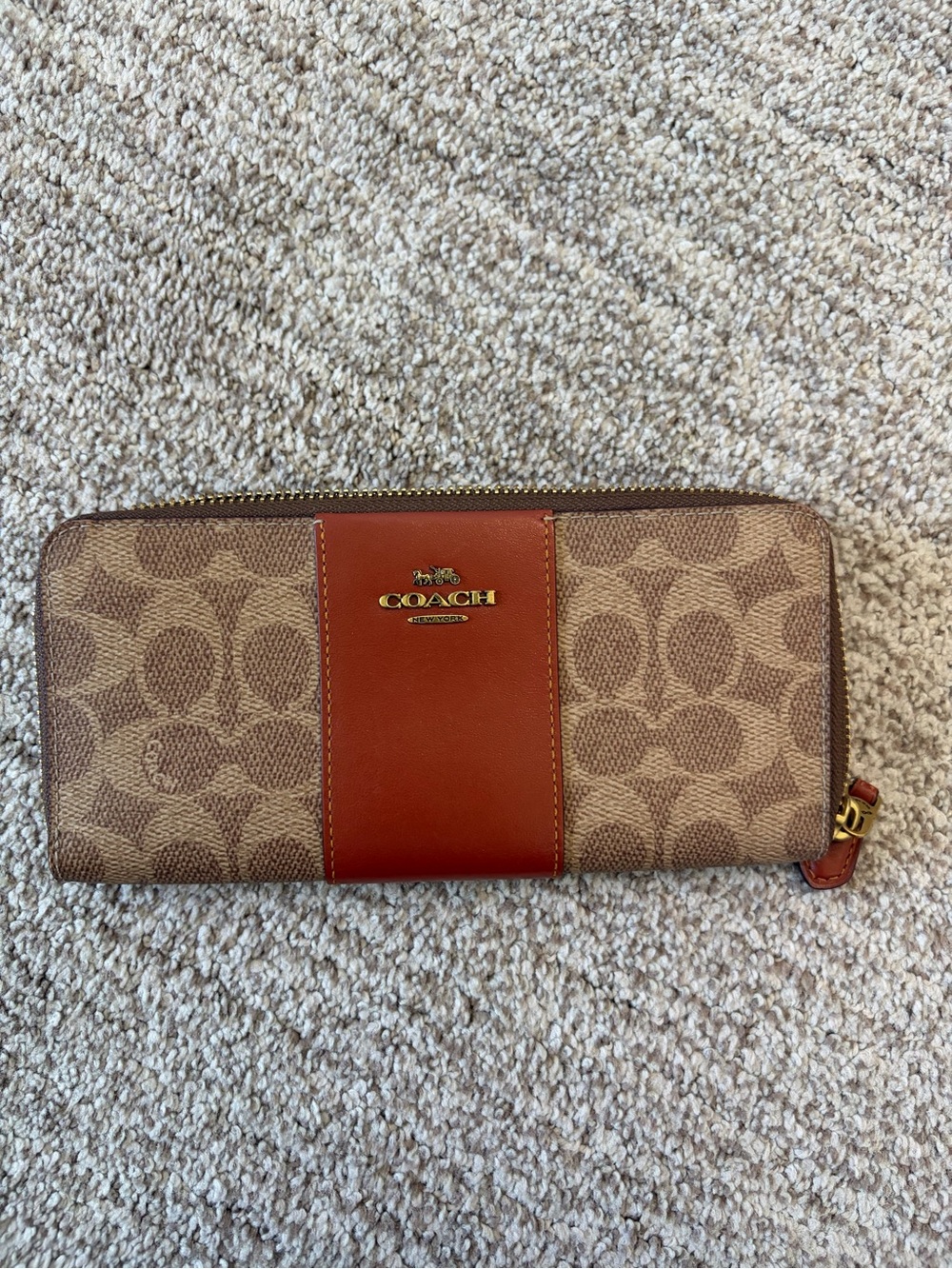 Coach Brown Signature Canvas Zip Wallet with Tan Leather Panel